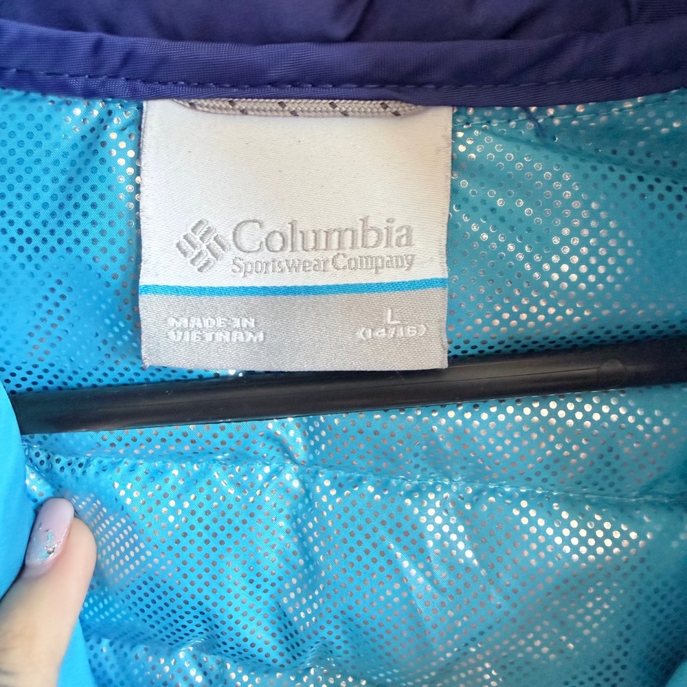 Columbia Kids‎ Hooded Puffer Jacket Blue Aqua Lightweight Full Zip Size L 14 16 - Picture 3 of 5